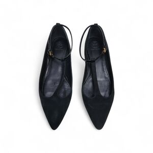 Tory Burch Ashton T-Strap Ankle Wrap Black Pointed Flats